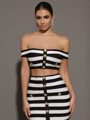 Femmes été Sexy épaules nues rayé bouton deux pièces